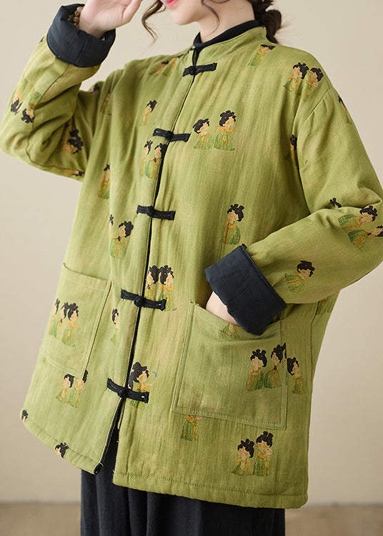 Green Stand Collar Print Pockets Parkas Winter