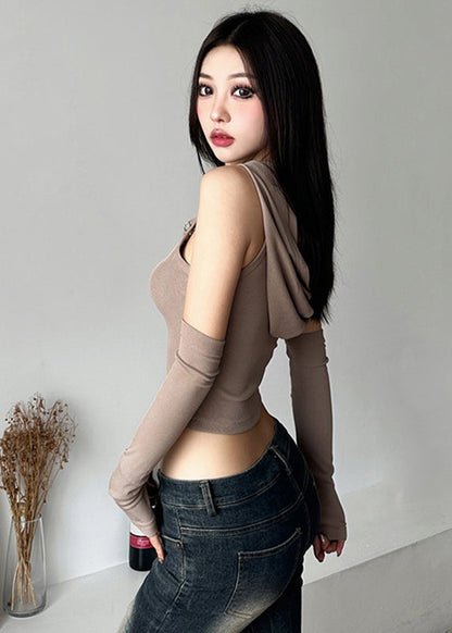 Khaki Patchwo Hollow Out Hooded Top Sleeveless
