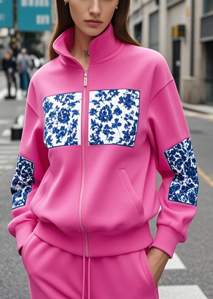 Rose Stand Collar Patchwork Print Cotton Sweatshirt Fall