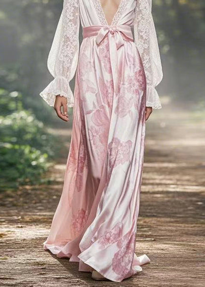 White V Neck Lace Up Silk Long Dress Flare Sleeve