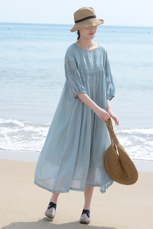 Summer Pleated Cotton Linen Dress Loose Puff Sleeve Long Dress