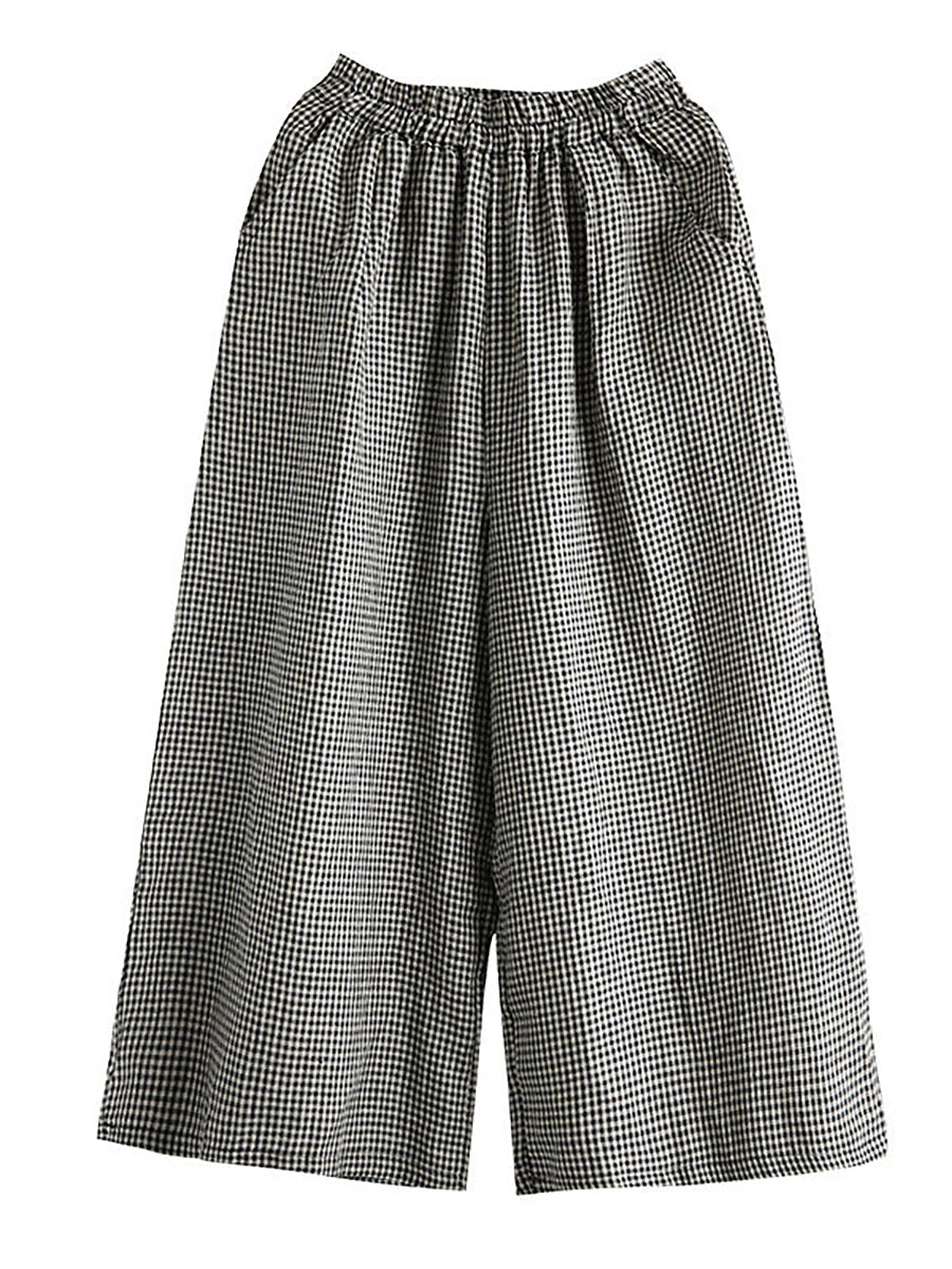 Hand-made Plaid Linen Wide Leg Pants
