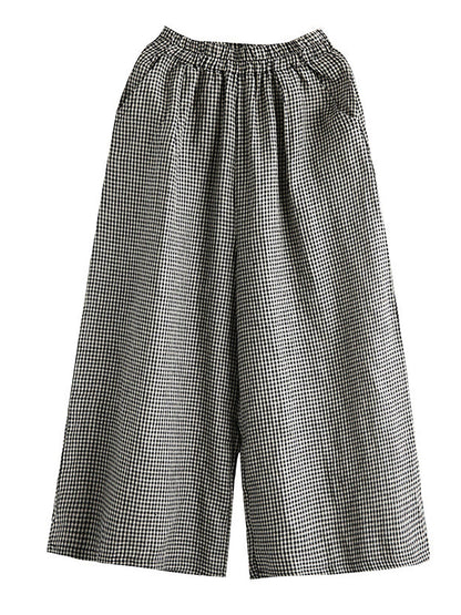 Hand-made Plaid Linen Wide Leg Pants
