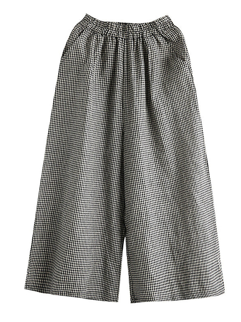Hand-made Plaid Linen Wide Leg Pants