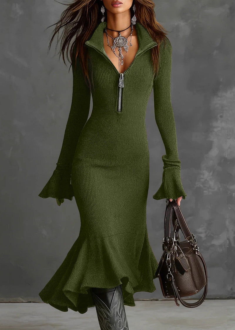 White Zip Up Patchwork Knit Dress Flare Sleeve