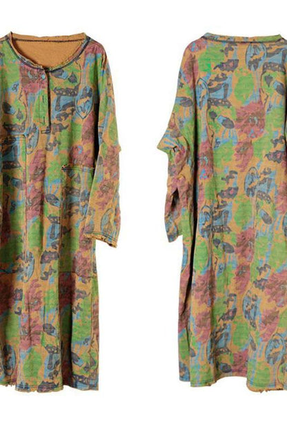 Loose Retro Print Button Big Pocket Dress