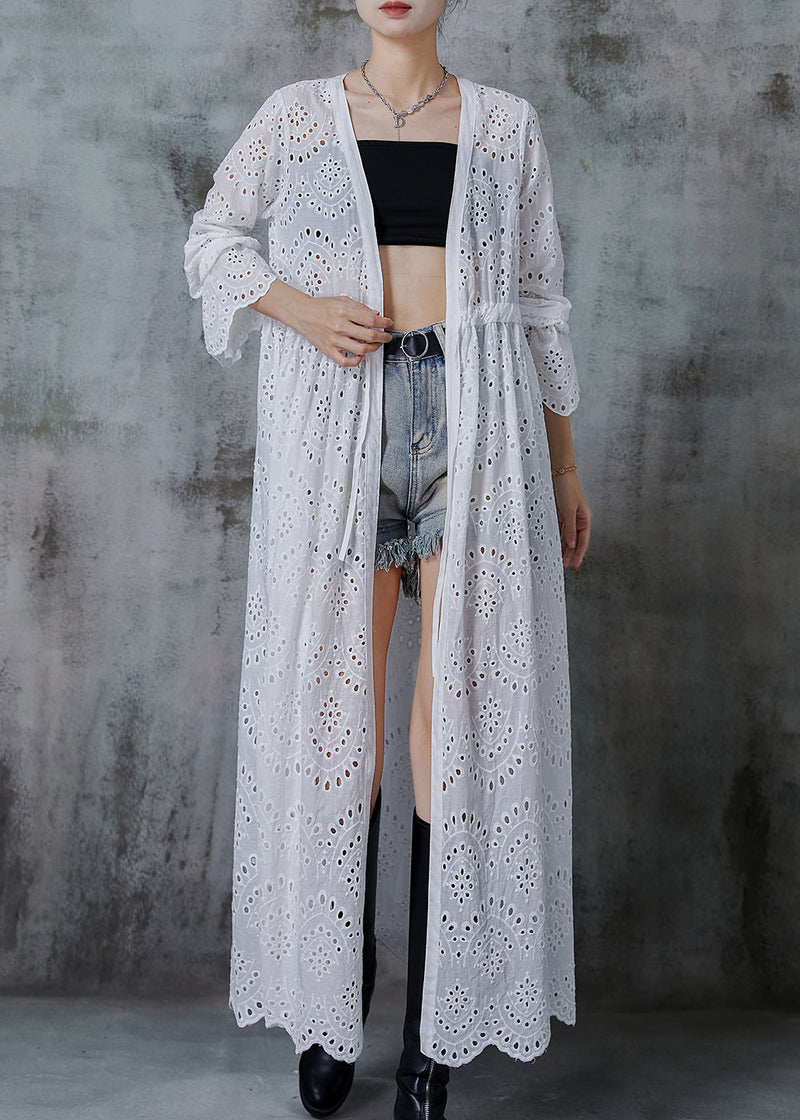 White Cinched Hollow Out Cotton Long Cardigans Fall