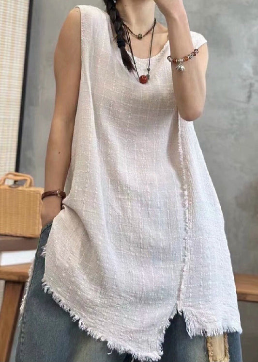 Light Khaki Asymmetrical Linen Waistcoat Sleeveless