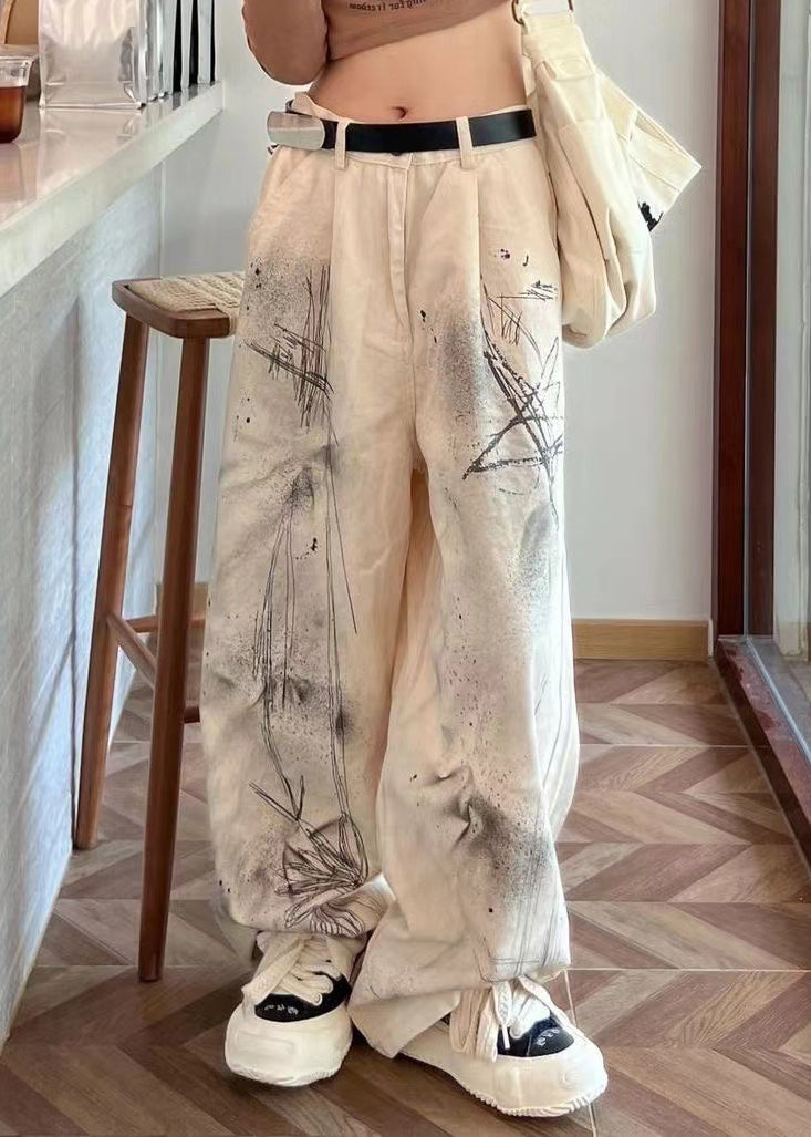 Beige High Waist Pockets Tie Dye Denim Straight Pants Fall
