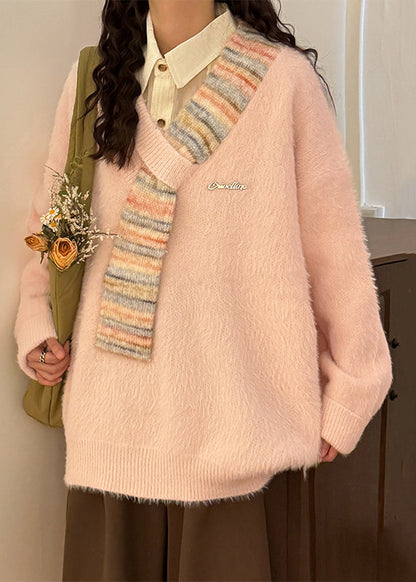 Loose Apricot V Neck Striped Patchwork Mink Hair Knitted Sweaters Spring