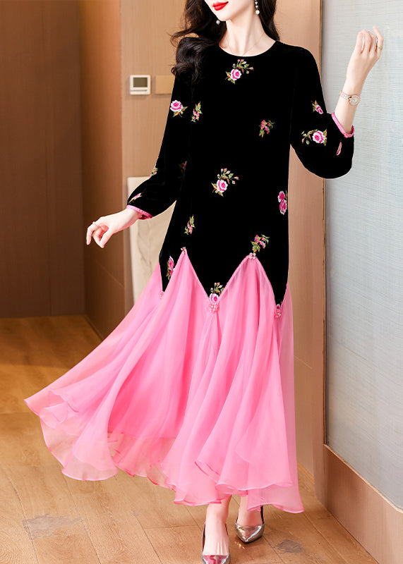 Black Embroidered Patchwork Silk Velvet Long Dress Spring