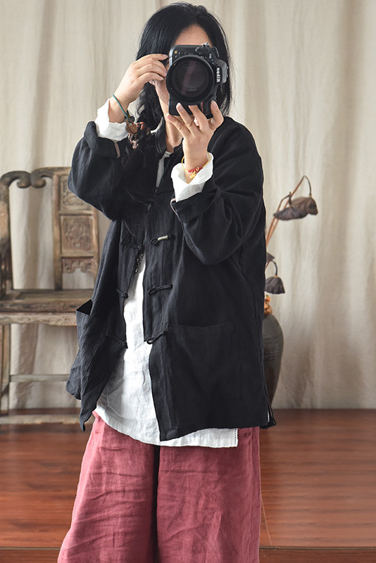 Fall Cotton Linen Buckle Coat