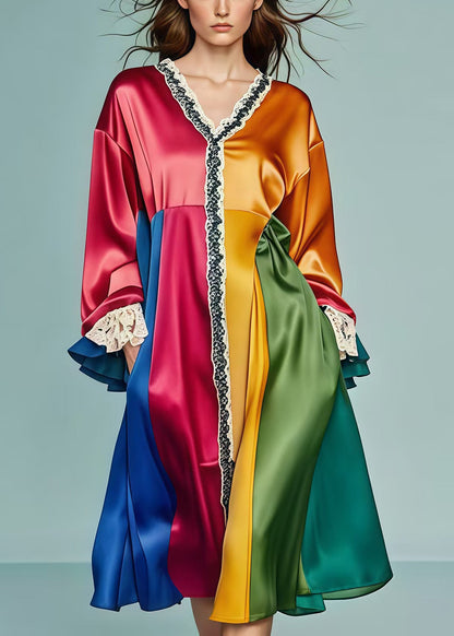 Style Multicolor Oversized Lace Patchwork Silk Vacation Dresses Fall