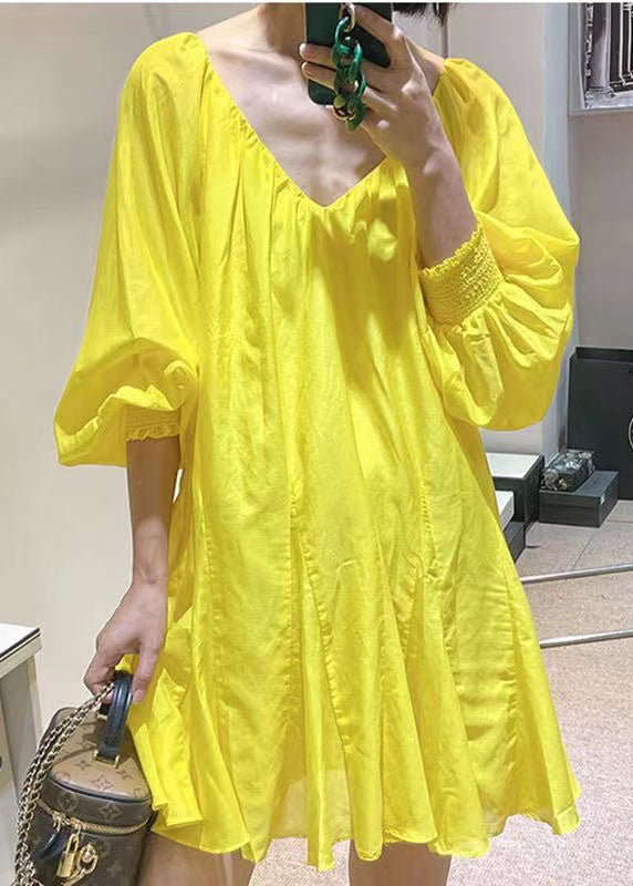 French Yellow V Neck Cotton Mid Dress Fall