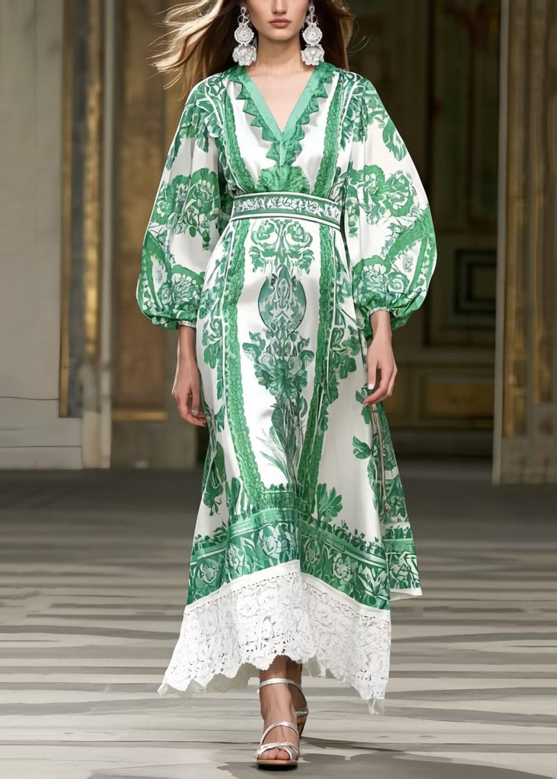 Green Puff Sleeve Patchwork Lace Robe Dresses Spring