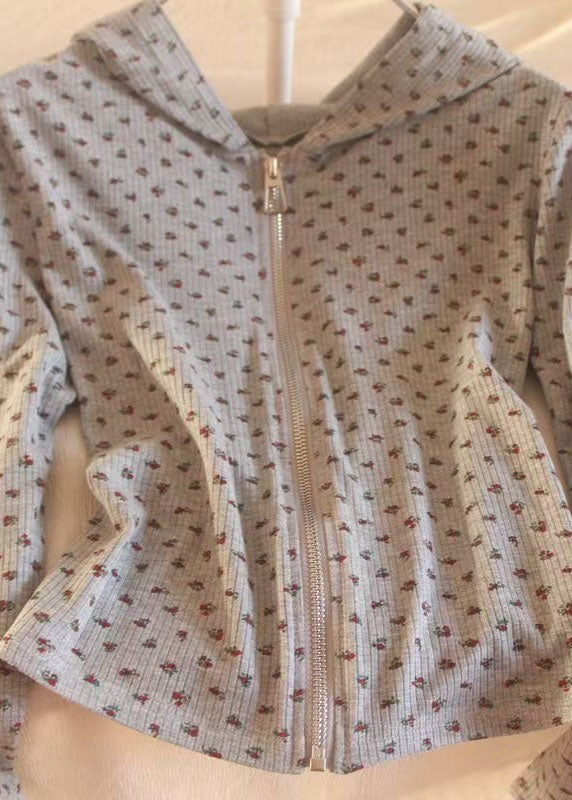 Unique Grey Zip Up Print Long Sleeve Yoga Coat Tops