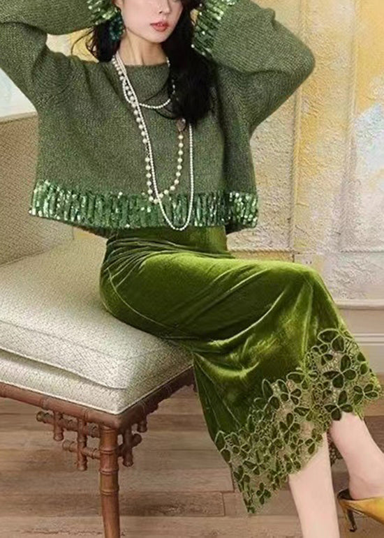 Fitted Green Knit Sweaters and Velour Skirts Two Piece Suit Set Fall