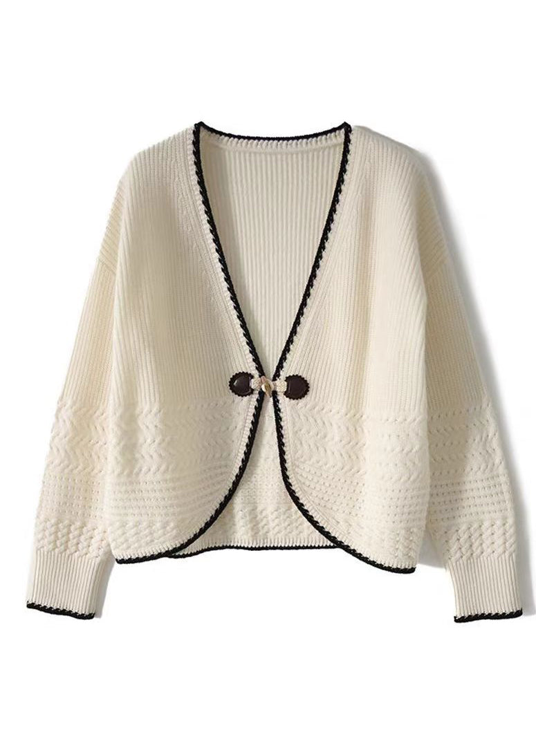 Beige V Neck Woolen Knit Cardigan Fall
