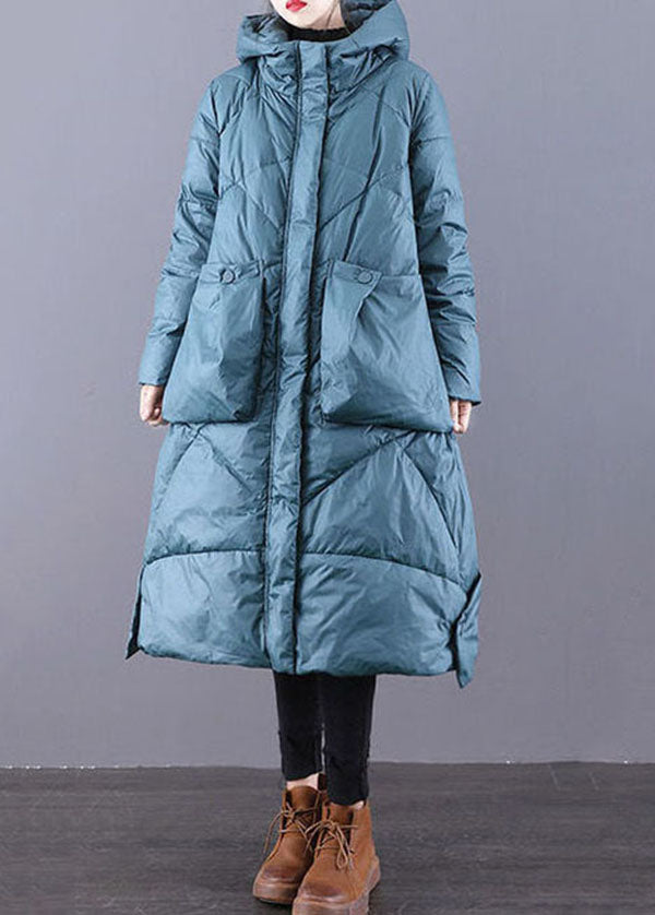 Blue-green Hooded Zippered Oversized Thick Duck Down Puffers Jackets Winter