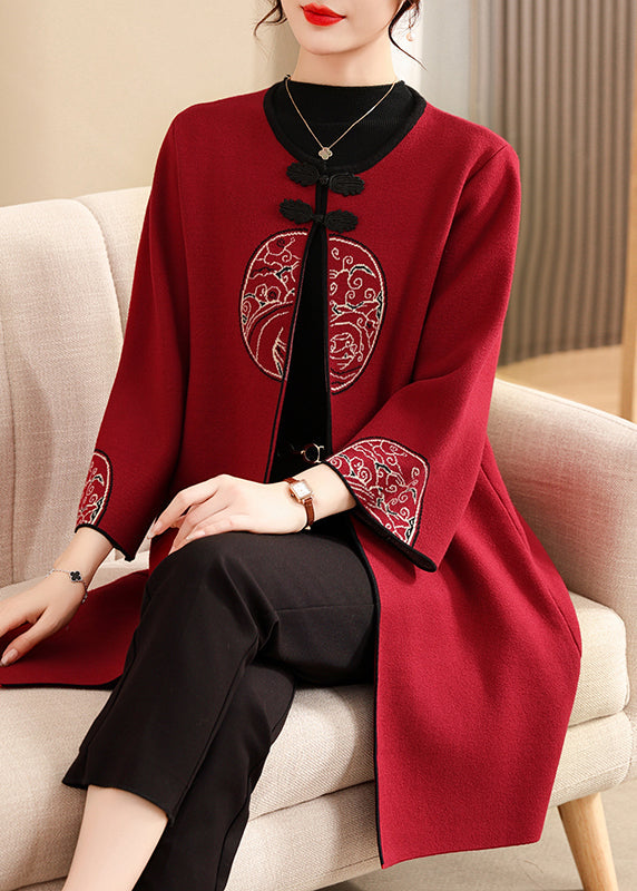 French Mulberry O-neck Print Long Woolen Cardigans Fall
