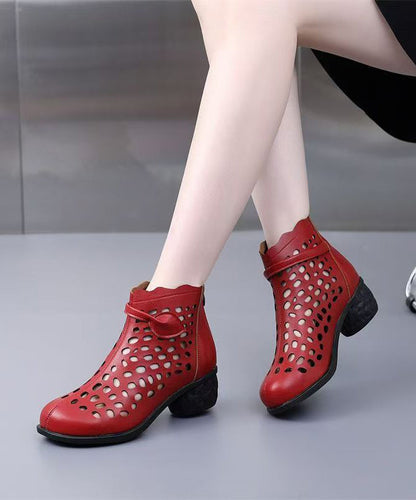 Splicing Chunky Boots White Faux Leather Hollow Out