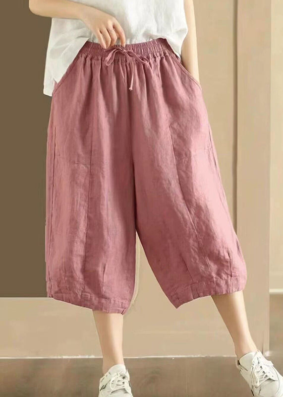 Pockets Elastic Waist Linen Crop Pants Summer