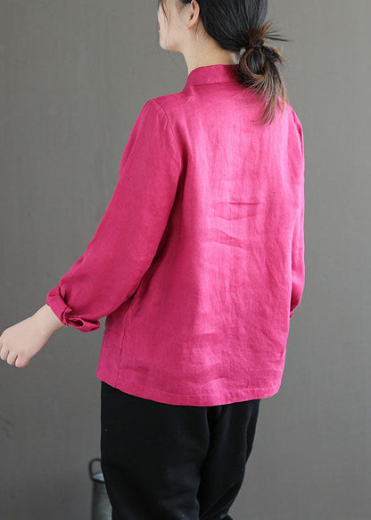 Rose Peter Pan Collar Color Single Breasted Linen Shirt Top Fall