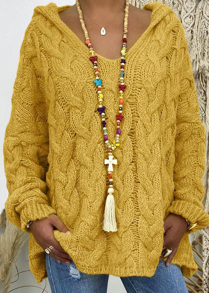 Blue V Neck Hooded Loose Knit Sweaters Fall