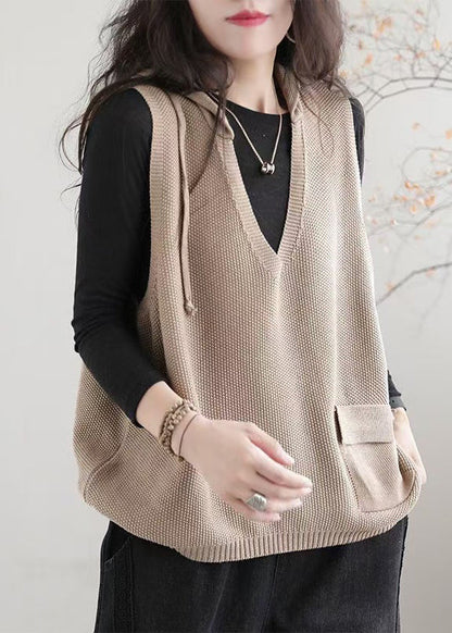 Khaki V Neck Hooded Knit Vest Sleeveless