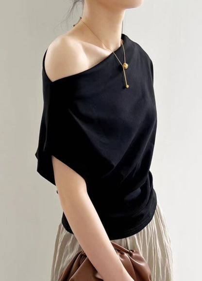 Black Slash Neck Cotton T Shirt Summer