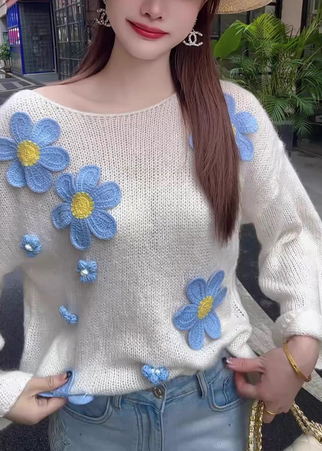 Stylish White O Neck Hollow Out Knit Sweater Tops Fall