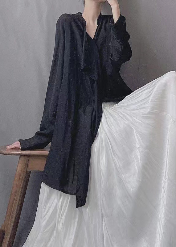 Loose Black Asymmetrical Silk Cotton Blouses Spring
