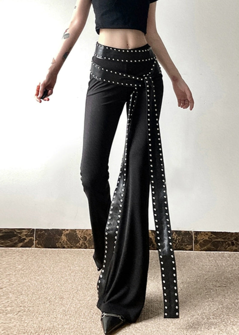 Stylish Black Asymmetrical Rivet Sashes Flared Pants Summer