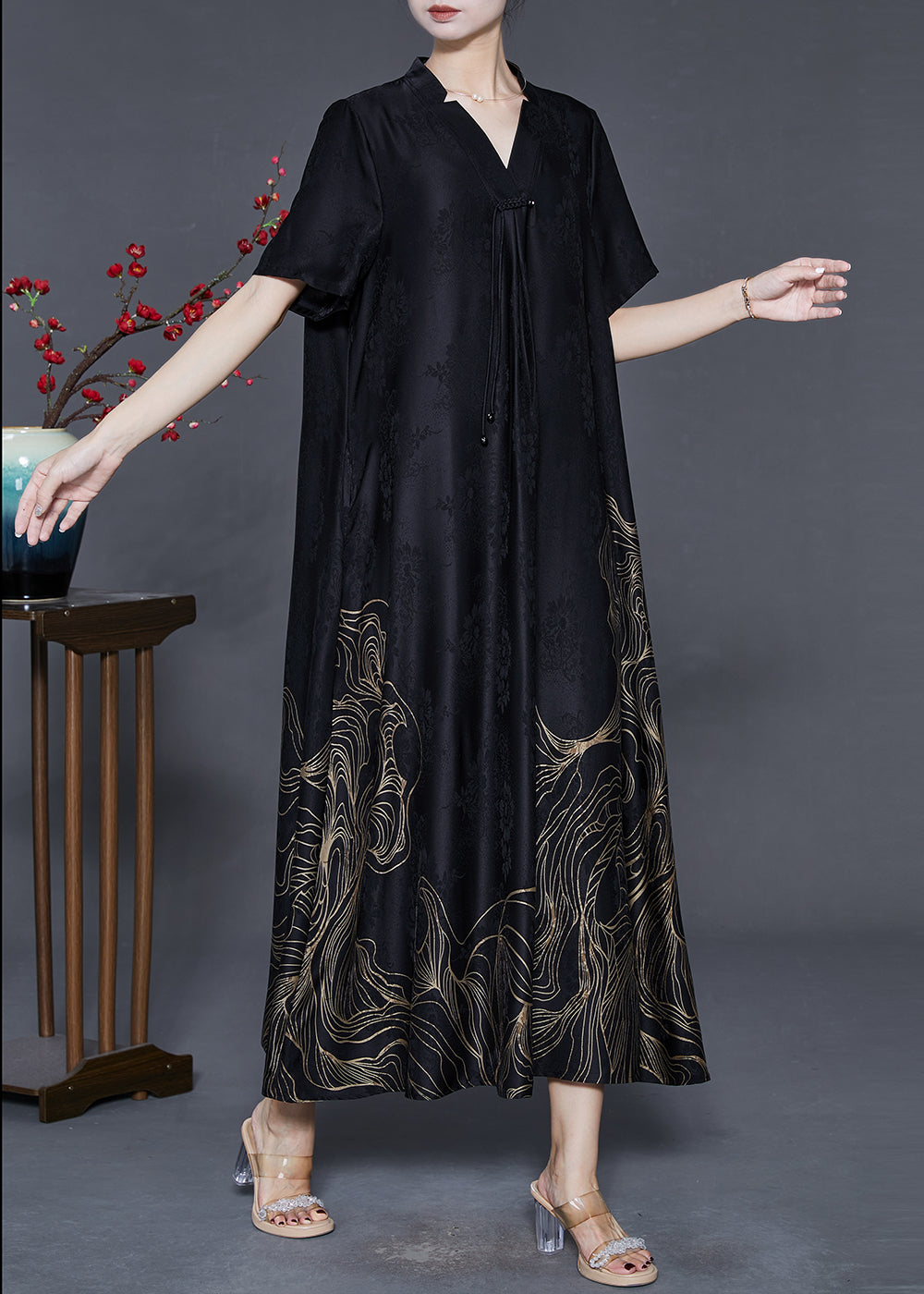 Black Tasseled Print Silk Dresses Summer