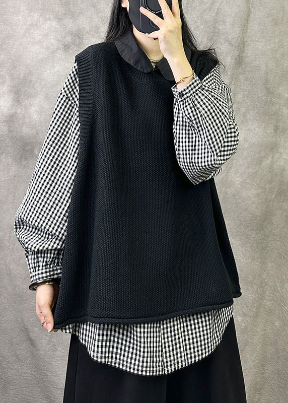 Cozy Black O Neck Knit Vest Tops Sleeveless