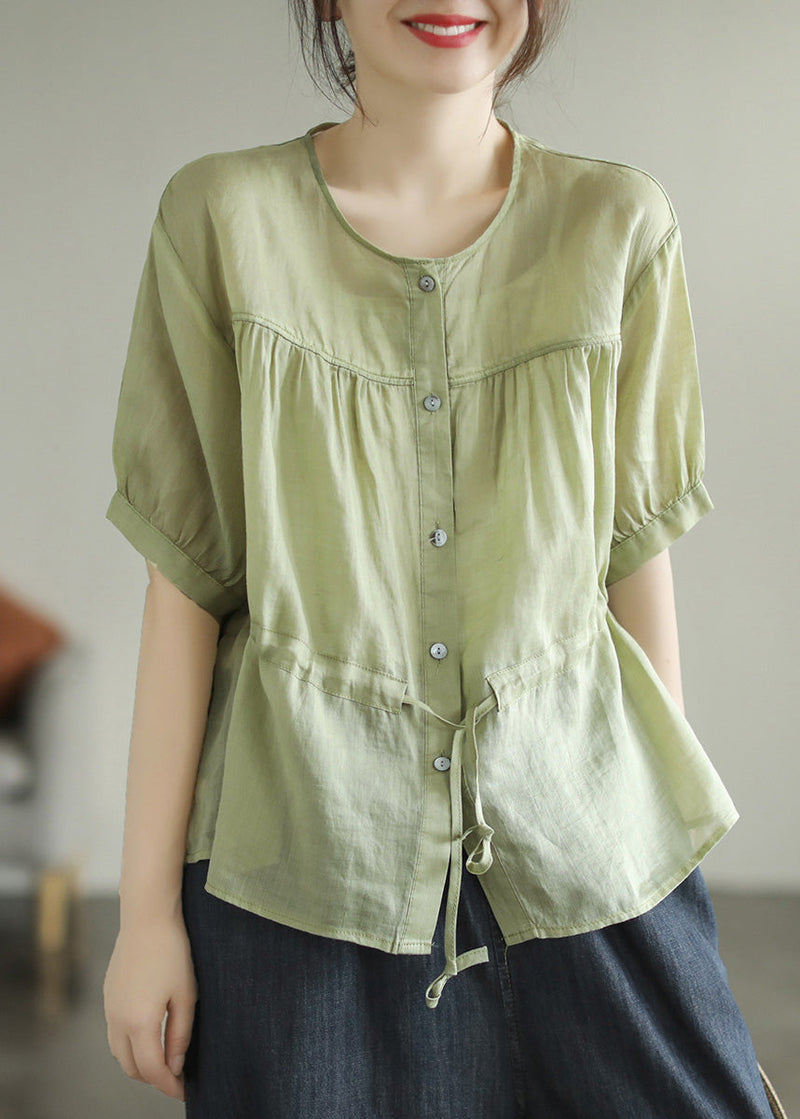 Green O-neck Patchwork Wrinkled Tie Waist Ramie Shirt Short Sleeve