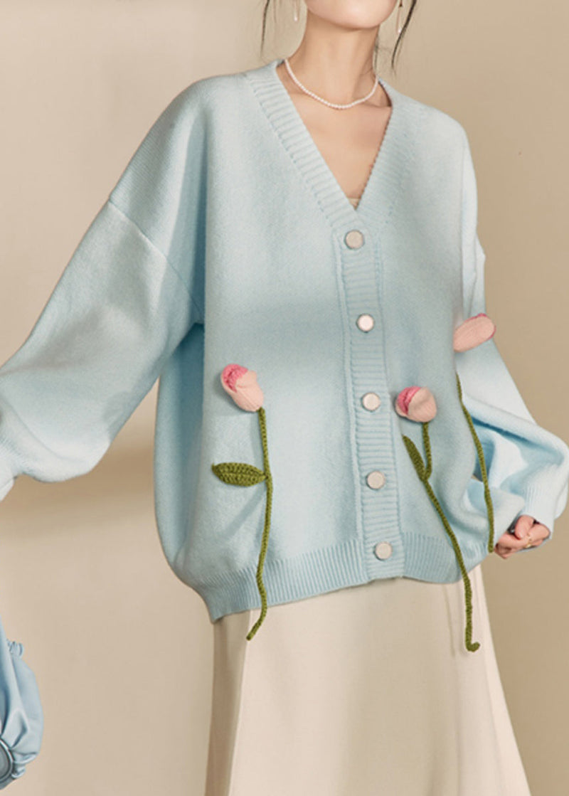 Loose Cozy Blue V Neck Knit Cardigan Fall