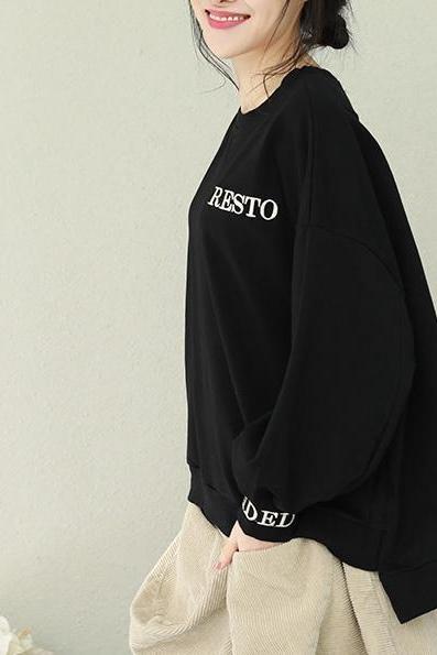 Loose Pure Color Print Cotton Fleece Tops