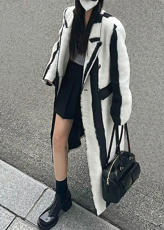 Black White Striped Notched Button Woolen Maxi Coats Winter