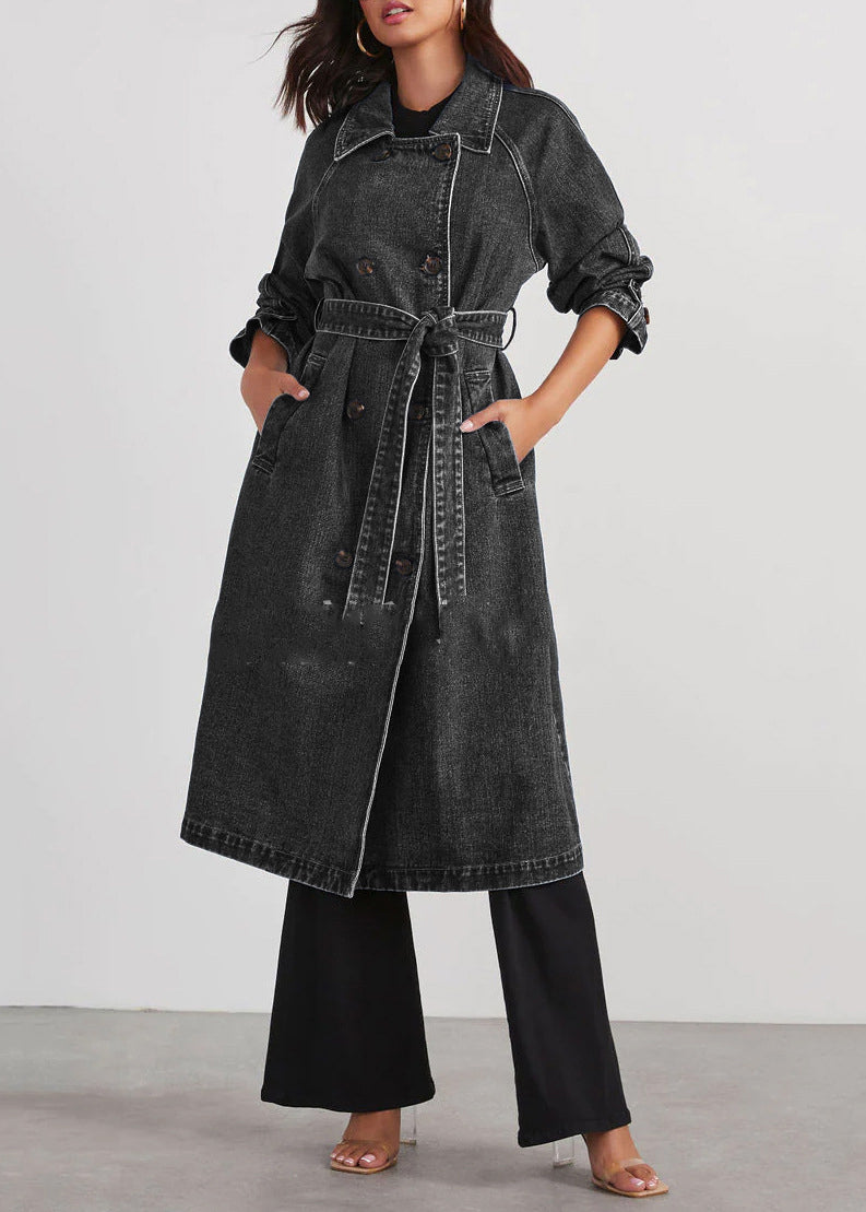 Italian Blue Notched Pockets Tie Waist Denim Long Trench Fall