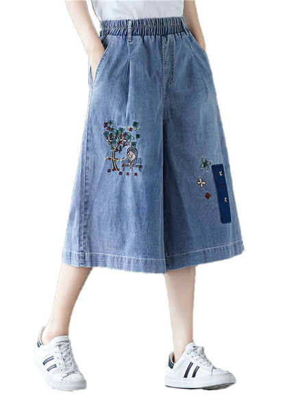 Denim Blue Elastic Waist Embroidered Cotton Wide Leg Pants Summer