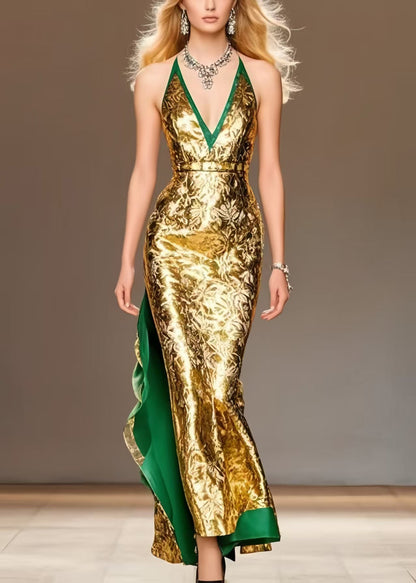 Golden Wraped Patchwork Silk Sundress Summer