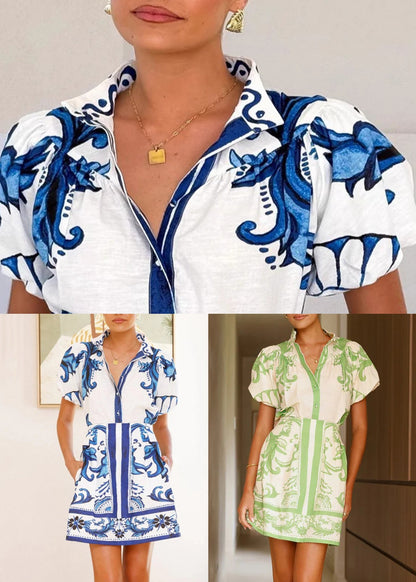 New Blue Stand Collar Shirts and Skirts Linen Two Pieces Set Summer