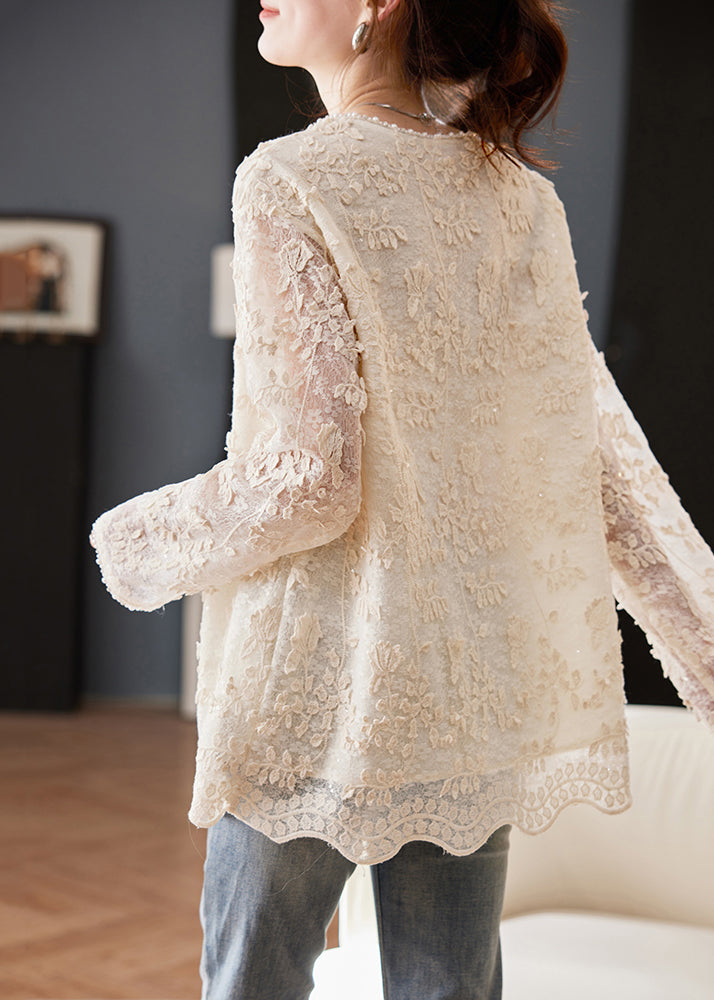 Beige Embroidered Nail Bead Lace Up Chiffon Shirt Spring