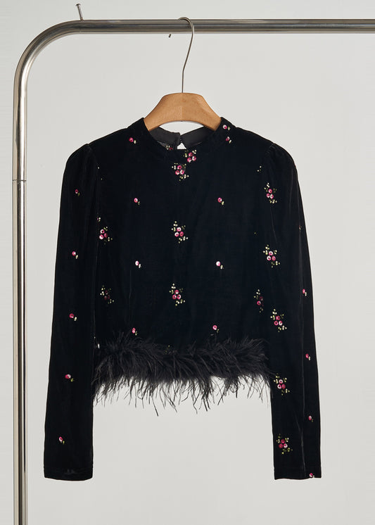 Boutique Black Embroidered Patchwork Feather Silk Velour Tops Fall