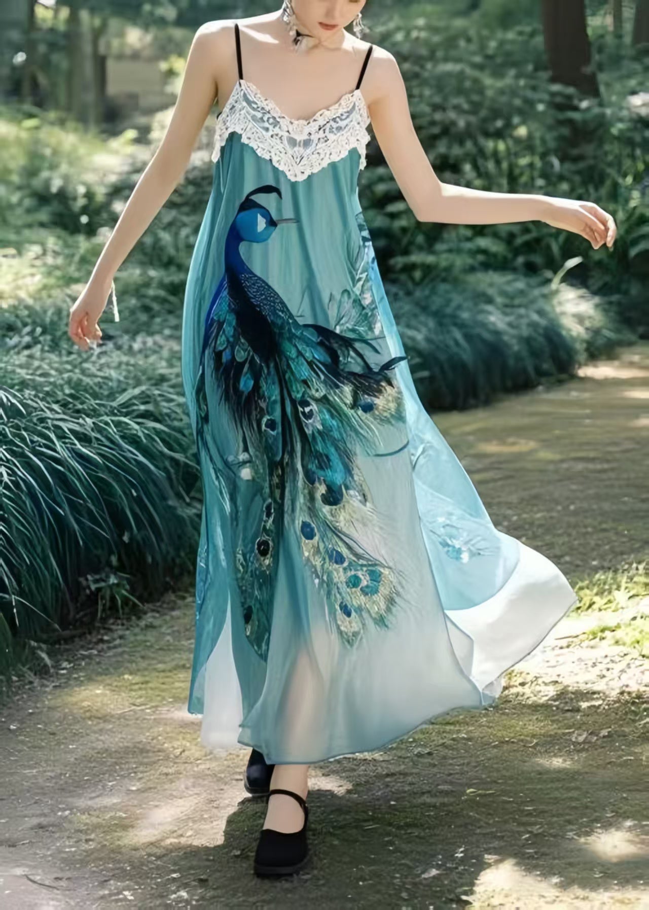 Peacock Blue Print Chiffon Beach Dress Summer