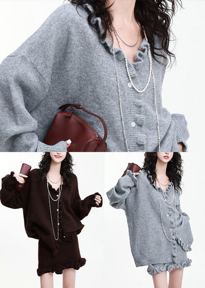 Grey Ruffled Flower Decorated Knit Cardigan and Skirt 2 Piece Outfit Winter