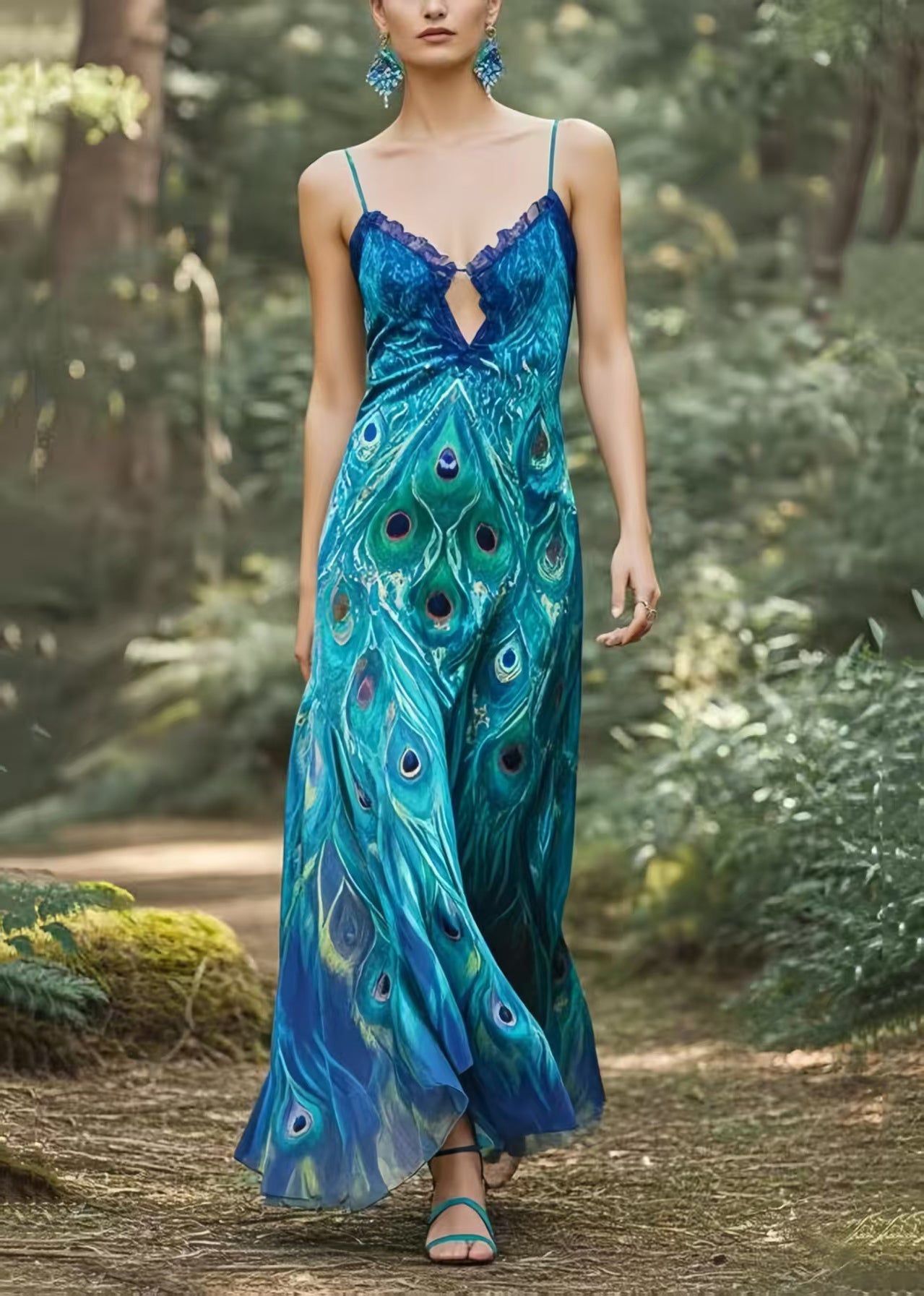 Peacock Blue Print Silm Fit Chiffon Dance Dress Summer