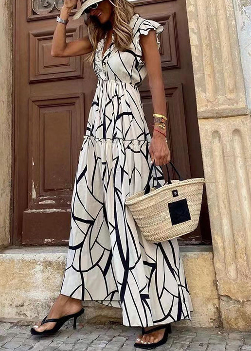 White Ruffled Print Cotton Long Dresses Summer