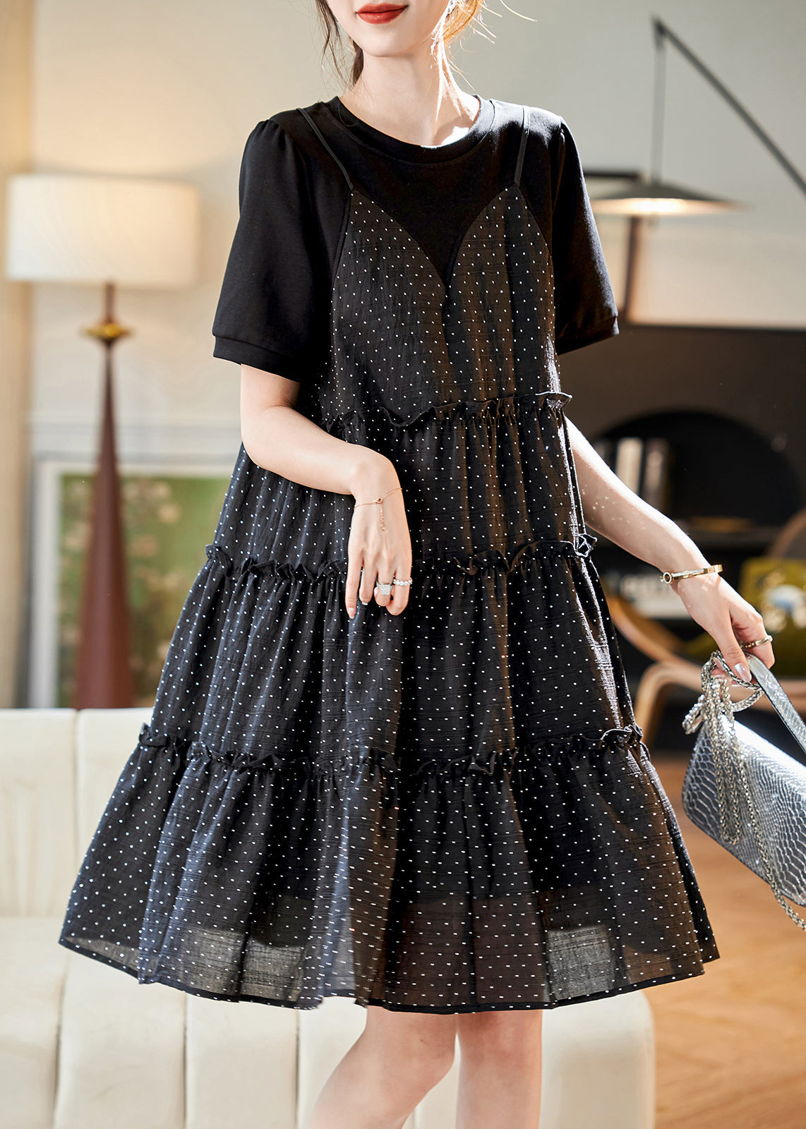 Unique Black O-neck Patchwork Dot Print Fake Two Pieces Chiffon Mid Dresses Summer